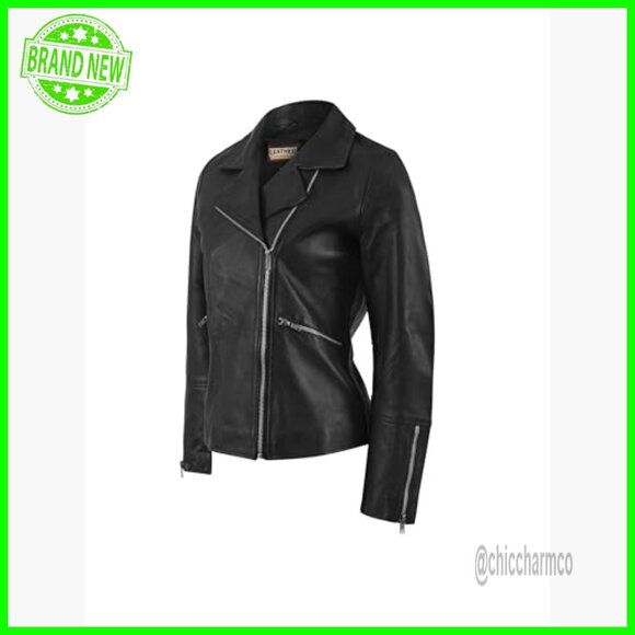 Genuine Lambskin Leather Motorcycle Jacket Asymmetrical Zipper Biker Style - Picture 2 of 6